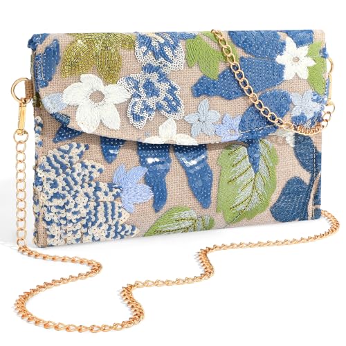 XquiziFit Floral Beaded Clutch Embroidery Sequin Beaded Purse Small Evening Clutch Purses for Women Blue-with chain
