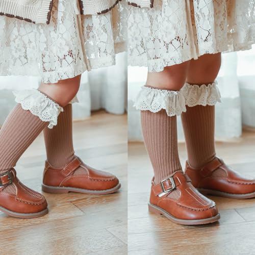 HOUSEYUAN Infant Frilly Toddler Baby Girls Knee High Socks Newborn Tall Thigh Lace Ruffle Long Socks Tights Stockings 5 Pairs Free Size 0-1T - Thumbnail 3