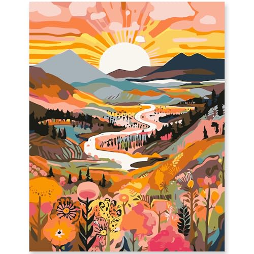 EFOTIML Paint by Numbers Kit per adulti principianti e bambini Età 8-12, 1pcs 16x20 Canvas per kit di vernice per adulti in scatola colorata (senza cornice) - Sunrise Mountains Rivers
