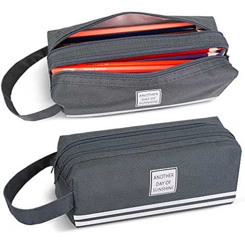 TOPTIME Pencil Case Large Capacity Portable Pencil Pouch Double Layers Double Zippers Pen Case Pen Bag Office Stationery Makeup Bag with Compartments for Students Girls Boys Men Women (Dark Grey, L) Cover