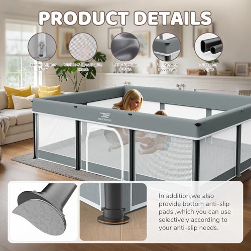 Image of 74x50 Foldable Baby Playpen with Mat - Portable Outdoor Play Yard, Grey