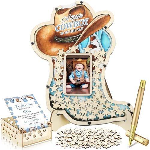 Image of Wenqik 63 Pcs Cowboy Boot Baby Shower Guest Book Alternatives Set Baby Shower Decorations with Photo Frame Sonogram Frame Keepsake 60 Wood Slices Guest Book for Birthday