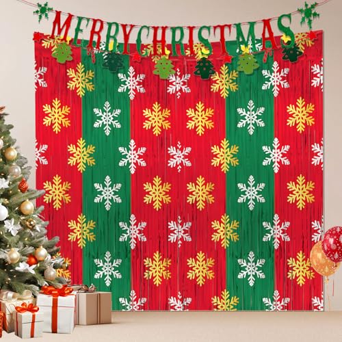 YQUQWN 2 Pack Christmas Foil Fringe Curtains 3.3x6.6ft Red Green Snowflake Tinsel Streamers Christmas Backdrops Photography for Party Decorations