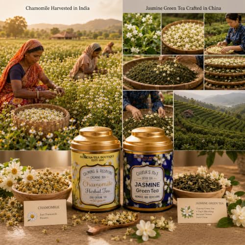 Image of Sancha Tea Boutique, Tea Combo Pack: Chamomile Caffeine Free Herbal (50g) & Imported Jasmine Green Leaves (100g), Detox & Calming Tisane