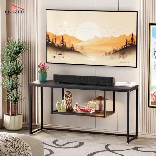 Image of Lukzer TV Unit Stand for TVs up to 43 Inch Engineered Wood with Metal (MTU-002 /Black & Black) Open Shelf Storage Console for Living Room, Set Top Box, WiFi Router, Speakers & Decor (110 x 56 x 30 cm)