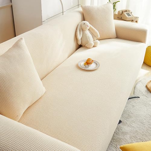 Cubierta de sofá Estirable, Cubiertas de sofá de Felpa Lavables, Carpetas de sofá sin Deslizamiento para Sala de Estar, Protector de Muebles para Mascotas y niños, Cream Double Seat [120-160cm Sofa]