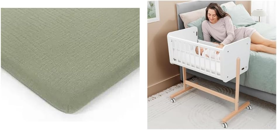 Comfy Cubs Muslin Fitted Bassinet Crib Sheet and Wooden Bedside Bassinet Sleeper Bundled - Green