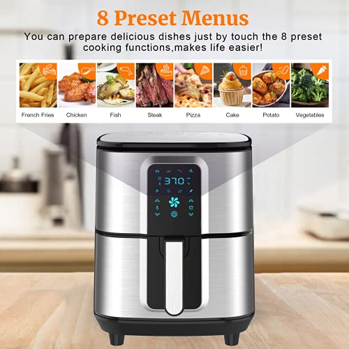 Kitcher 6.8Qt Air Fryer, Hot Air Fryer With 8 Cooking Functions Temperature Timer Control Led Touch Screen 50 Recipes, Stainless Steel Silver #TOP3