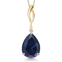 Gem Stone King 925 Silver and 10K Yellow Gold Blue Created Sapphire and Lab Grown Diamond Pendant Necklace for Women | 10.22 Cttw | Gemstone September Birthstone | Pear Shape 16X12MM | With 18 Inch