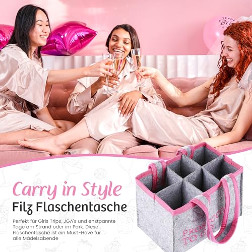 FunX Flaschentasche Prosecco to go - Filztasche für 6 Flaschen - Grau mit Trageschlaufen und Aufdruck - Vielseitig einsetzbar - 19x12x14 cm