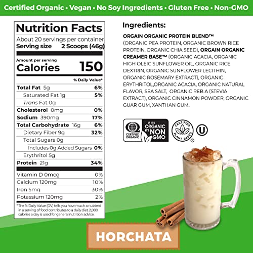 Orgain Organic Vegan Protein Powder, Horchata - 21G Of Plant Based Protein, Low Net Carbs, Gluten Free, Lactose No Sugar Added, Soy Kosher, Non-Gmo, 2.03 Lb #TOP1
