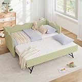 Twin Daybed with Trundle, Linen Upholstered Daybed Frame with Pop Up Trundle with USB Charging Ports, Modern Sleeper Princess Sofa Bed Frame with Wavy Look & Plaid Pattern for Bedroom Playroom, Green