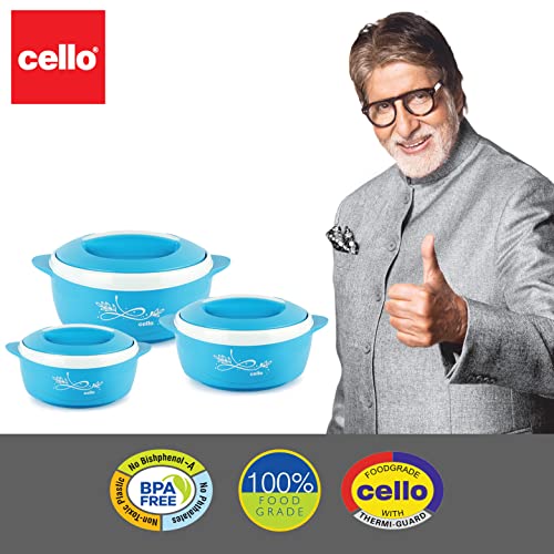 Image of CELLO Sapphire Insulated Casserole Hot Pot Case Set of 3 Pcs (500ml, 1000ml, 1500ml) Blue | Double Wall Insulated Hot Pot Case Keeps Food Fresh & Hot for Long Hours | Casserole Set for Roti & Rice