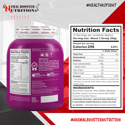 Image of Animal Booster Nutrition WEIGHT GAINER | 15gms of Protein in 90gm of Serving| For Gain Weight, Build Muscle & Fuel Energy - Kesar Pista Flavor (33 Servings /3KG)