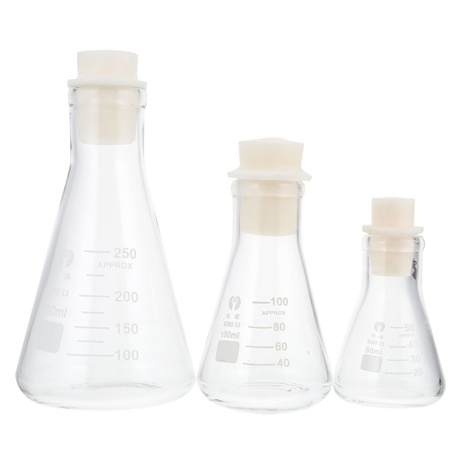 HAWILLOSCH Set of 3 High Borosilicate Glass Beakers Conical Flask with Rubber Stopper Ideal Lab Equipment for School Science Projects Random Color
