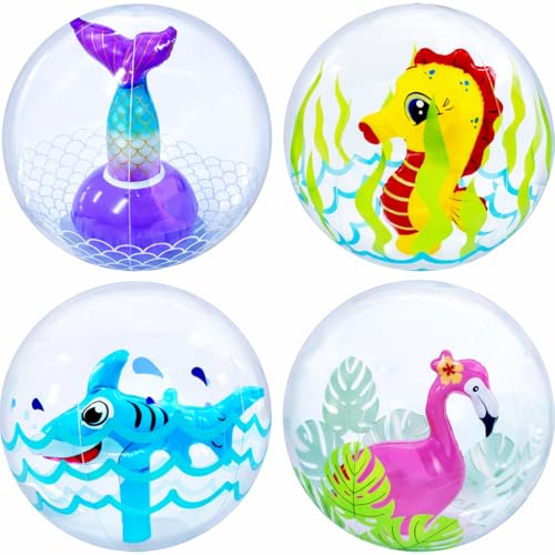 4E's Novelty 3D Beach Balls - 4 Pack 13' Inflatable Pool Toys, Flamingo, Mermaid, Shark, Sea Horse Unique Pool Ball, Ocean Under the Sea Party Decorations for Kids Toddlers Adult