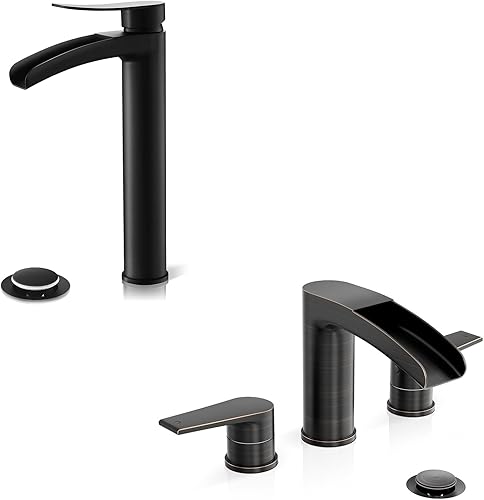 Phiestina Grifo de baño, con drenaje emergente de metal y líneas de suministro de agua, NS-SF01-MB-V+NS-WF005-ORB