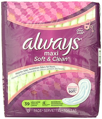 Always Maxi Soft & Clean Feminine Pads without Wings, Long/Super, Lightly Scented, 39 Count