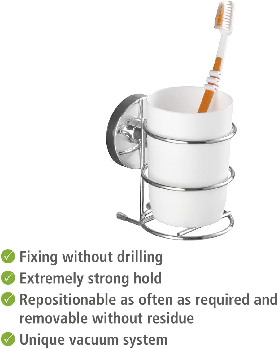 Wenko 20880100 Vacuum-Loc Wall Toothbrush Tumbler Milazzo - Fixing Without Drilling, Metal - Steel, 7.5 x 11.5 x 9.5 cm, Chrome