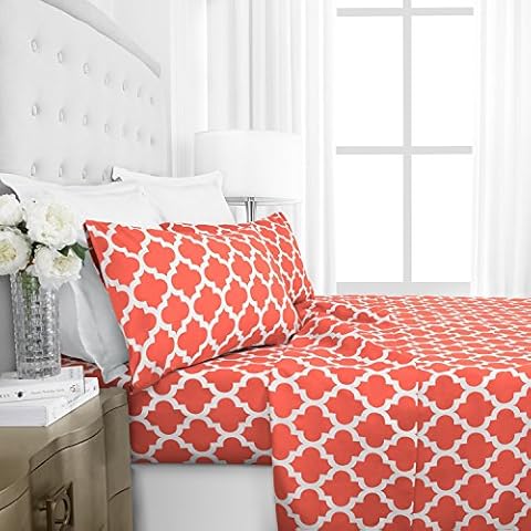 Italian Luxury 4 pcs Twin Size Sheets & Pillowcase Set w/ Deep Pockets - Microfiber Bedding Sets - Machine Washable - Coral Cover