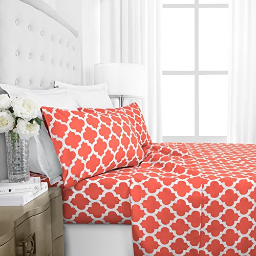 Italian Luxury King Size Sheets & Pillowcase Set w/ Deep Pockets - Microfiber Bedding Sets - Machine Washable - Coral
