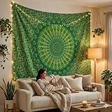 FURNISHFUL FINESSE Mandala Wandteppich Grün Wandbehang Wandteppiche Boho Pfau Wandtuch für Dekor Zuhause und Wohnzimmer– 76 x 102 cm