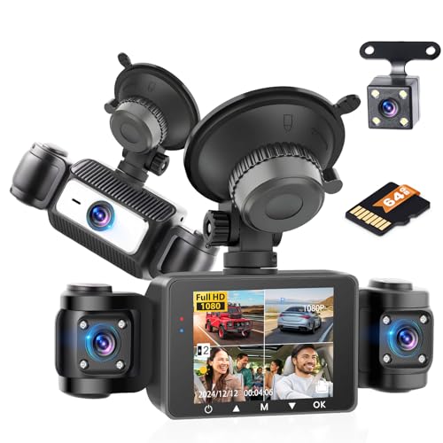 Hikity Dashcam Coche con 4 Camaras 1080P Delantera y Trasera Izquierda Derecha, Camara Coche Grabadora con Grabación en Bucle Sensor G Visión Nocturna Asistencia de Respaldo, con Tarjeta SD de...