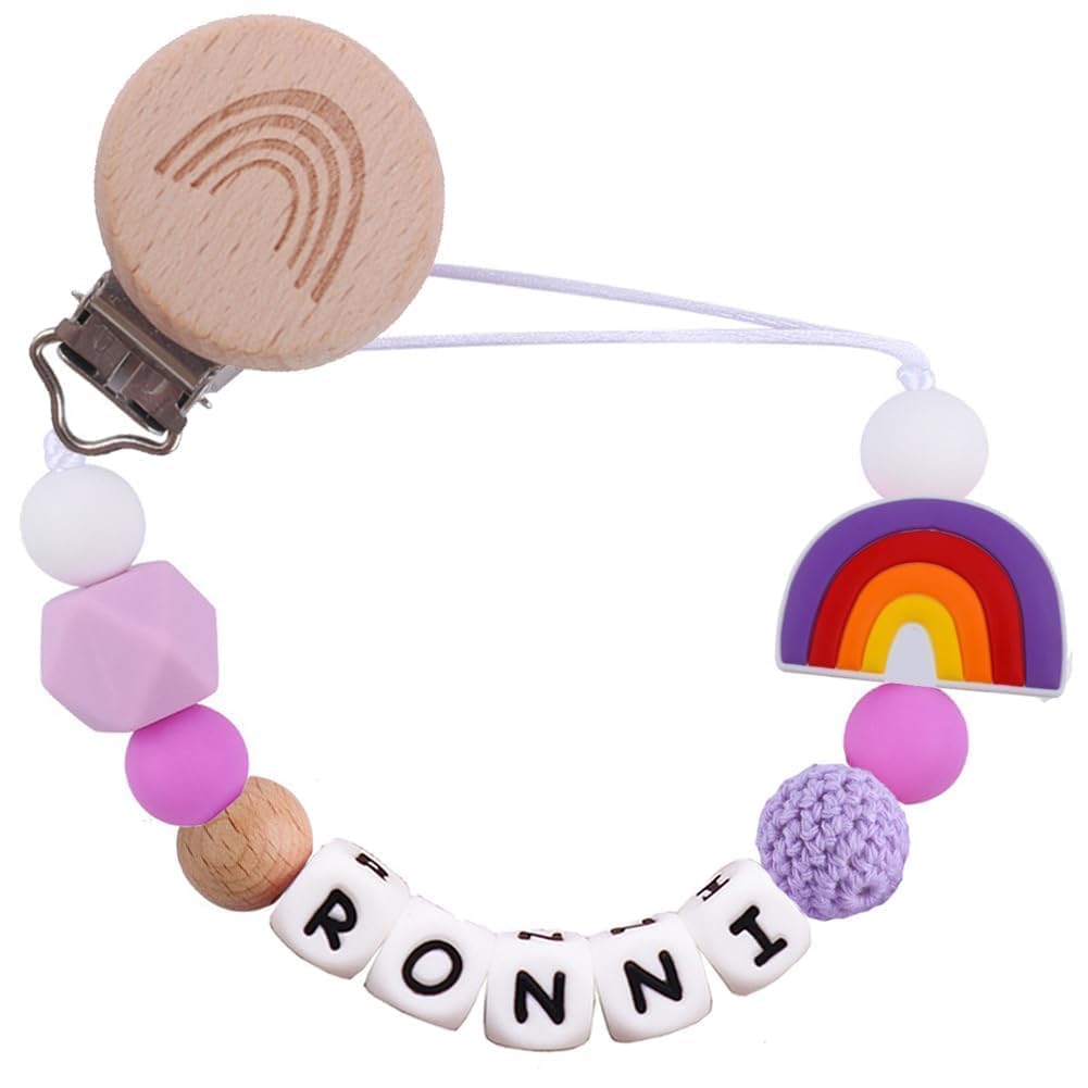 Rainbow Pacifier Chain, Rainbow Pacifier Clip Gift for Baptism or Birth, Newborn with Silicone Letter (Purple)