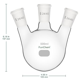 FunChem Three Necks Round Bottom Flask RBF, Glass 3-Neck Boiling Flask with 24/40 Standard Taper Outer Joint, 500 ml