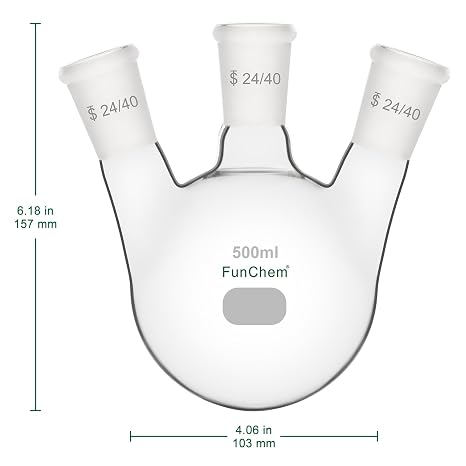 FunChem Three Necks Round Bottom Flask RBF, Glass 3-Neck Boiling Flask with 24/40 Standard Taper Outer Joint, 500 ml