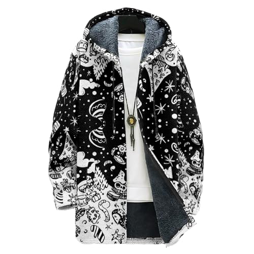 Ugly Christmas Mens Cardigan Sweater Retro Fall Sherpa Fleece-Lined Plus Size Long Sleeve Zip Up Long Sweater Heavy Warm Christmas Graphic Hoodedcoats With Pockets black, L