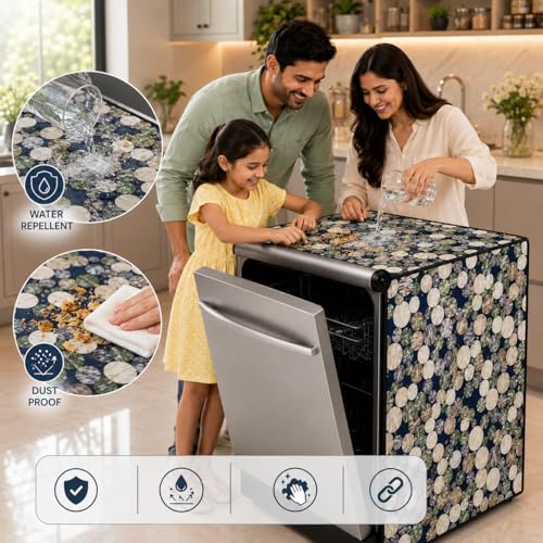 Image of Waterproof Dishwasher Cover for 12 to 15 Place Setting | Suitable with Bosch, LG, IFB, Hafele, Faber & More | Dustproof Appliance Protector Zip Cover Universal Fit-(63X63X88cms Design 10)