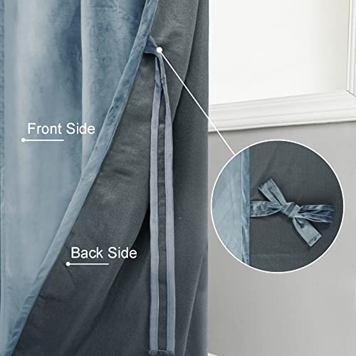 Jiuzhen Velvet Curtains 84 Inch Long–Soft Retro Velvet Blackout Thermal Insulated & Noise Reducing Rod Pocket Curtains For Living Room, 60 X 84 Inches, 2 Panels With Tiebacks,Stone Blue #TOP3