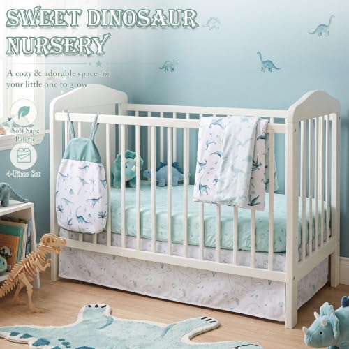 Image of Hahafelt 4 Pieces Crib Bedding Set for Girls and Boys, Soft Baby Bedding Set Including Crib Skirt, Comforter, Sheet and Diaper Stacker for Nursery (Dinosaur Theme)