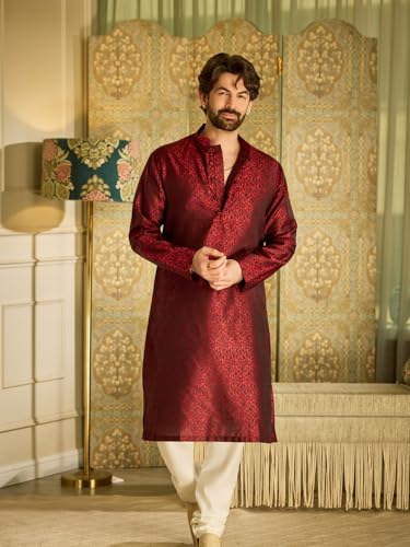 Image of Sojanya (Since 1958 Men's Red Jacquard Silk Kurta & Churidaar Pyjama