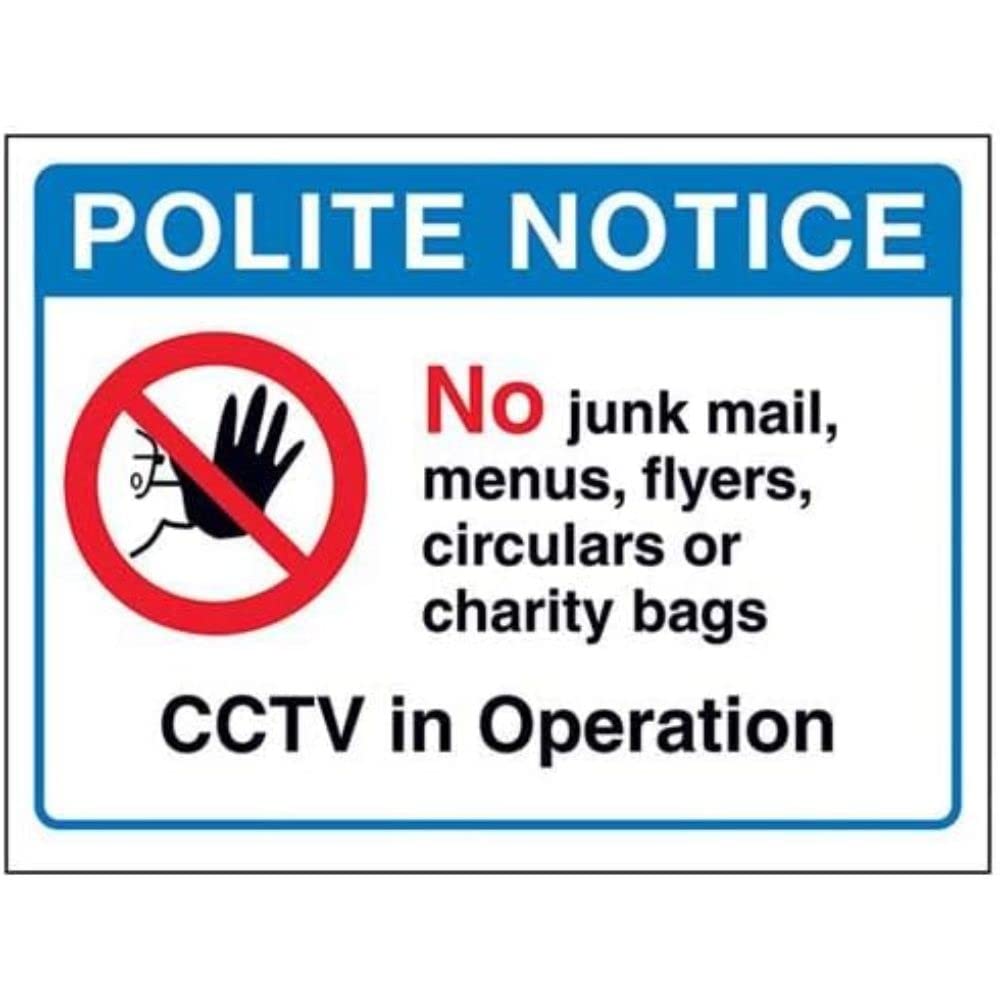 V Safety Polite Notice: No Junk Mail, Menus Or Flyers Sign - 150mm x 100mm - Self Adhesive Vinyl