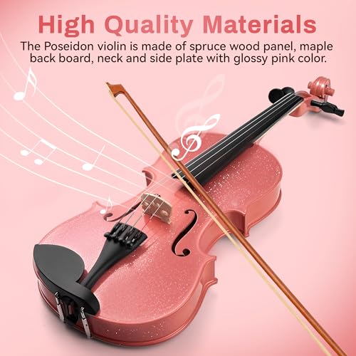 Image of Poseidon Pink Violin 1 /2 Size Set, Violin for Girls Violin with Premium Solidwood Spruce Top with Hard Case, Extra Bows, Extra Strings, Shoulder Rest, Rosin, Clip-on Tuner, Instruction Manual