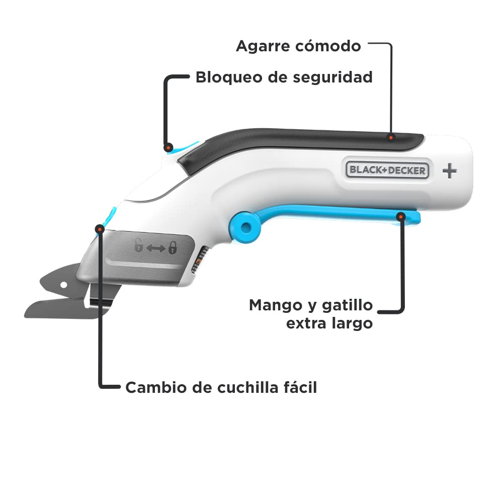 Black+Decker BCSC115-XJ - Tijeras 3,6v, Gatillo extralargo, Luz LED, Diseño ultra-ergonómico, Batería 1,5Ah, Carga USB, Incluye 2 cuchillas de corte, Multicolor