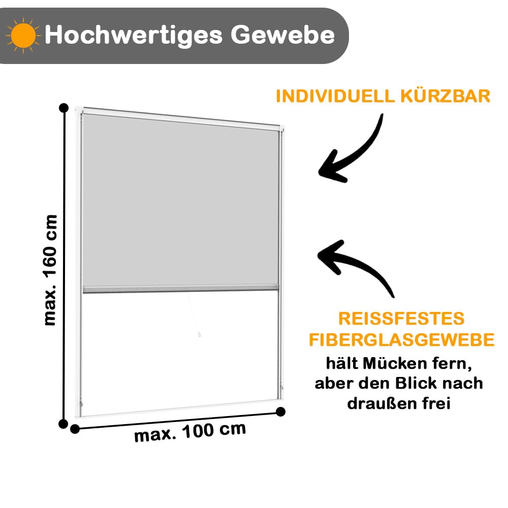 Einhängerollo 100 x 160 cm weiß, Fliegengitter Fenster ohne Bohren, Insektenschutz Rollo mit Aluminiumrahmen & Fiberglasgewebe