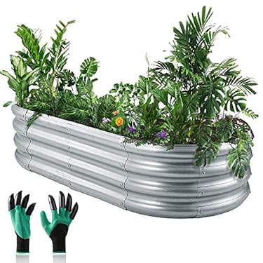 AMAZON - Raised Garden Bed Outdoor Kit for Vegetables, Galvanized Planter Raised Beds and Gloves for Gardening Metal Planter Boxes Clearance Garden Beds Water Trough Stock Tank for Flower Vego Herb(4x2x1ft)