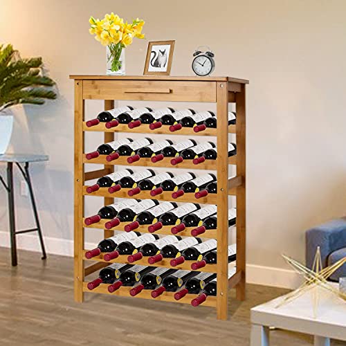 Kinbor Bamboo Free Standing Wine Storage Rack, 6-Tier With 36 Bottle Holders, Extra Tool Storage Drawer, Suitable For Kitchen, Wine Cellar, Bar, Natural #TOP6