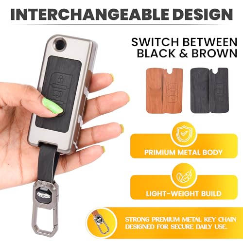 Image of Car Key Cover Compatible with Mahindra XUV-500 3-Button Smart Smart Flip Key (Dual Leather Metal (Black & Brown))