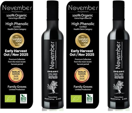 November Polyphenols Olive Oil Extra Virgin - Organic High Phenolic EVOO – Early Harvest – Lab Certified +1200mg/kg High Polyphenol – Cold Pressed Extra Virgin – Greek – 500ml Bottle (Pack of 2) option