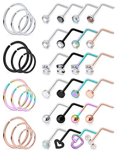 Gadeaila 20g Nose Rings Studs L Shape Nose Screw Surgical Stainless Steel Nose Rings Hoop Diamond Heart Hypoallergenic Nostril Nose Piercing Jewelry for Women Men Silver Rose Gold Black Rainbow