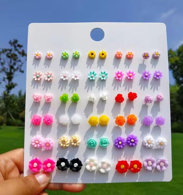 Image of 30 Pairs Fashion Plastic Flower Stud Earring Mixed Style Colors Floral Ear Studs for Woman & Girls Cute Korean Earrings Tops Daily Office Wear Ear-Rings