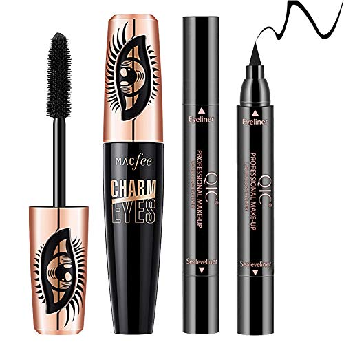 4D Silk Fiber Lash Mascara Waterproof, Voluminous Extension for Longer, Thicker Eyelashes - Long Lasting Eye Makeup with Eyeliner Stamp, Natural & Non-Toxic Hypoallergenic Ingredients