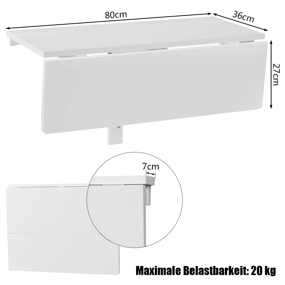 GOPLUS Stół ścienny, wiszący, składany, zajmuje mało miejsca, przenośny, regulowany stół ścienny z płyty MDF i sosny, 80 x 60 x 45 cm, stolik do laptopa do salonu, jadalni (biały)
