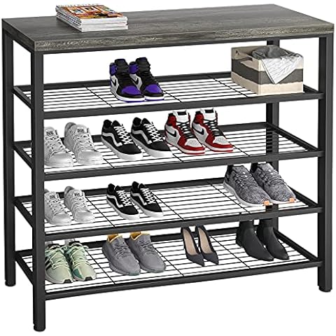 Homfio Shoe Rack, Industrial Shoe Storage Organizer, Large 5-Tier Metal Shoe Rack Shelves with Wood Board, Entryway Table for Hallway, Living Room, Closet, Bedroom, Black Oak Cover