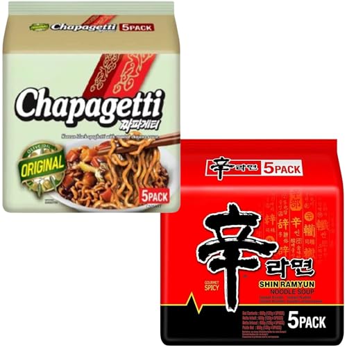 Nong shim Korean Noodles Variety Pack of 2 Flavours (10 Packs Total) Shin Ramyun Spicy & Chapagetti Black Bean Ramen Instant Korean Ramen Noodle Multipack for Quick Meals & Snacks