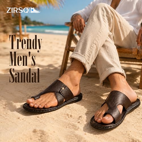 Image of Men's Sandal, Suede Synthetic Leather, Slip On, Adjustable Strap, Classic Style, Buckle Closure, Casual Ethnic Toe-Ring Slipper